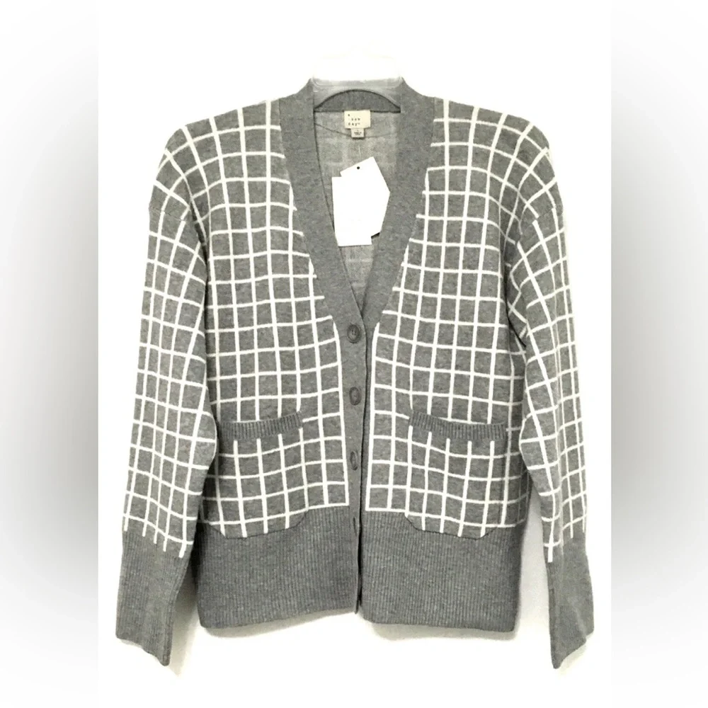 A New Day Women's L Cozy Knit Light Gray Windowpane Everyday Cardigan Sweater - Picture 6 of 7